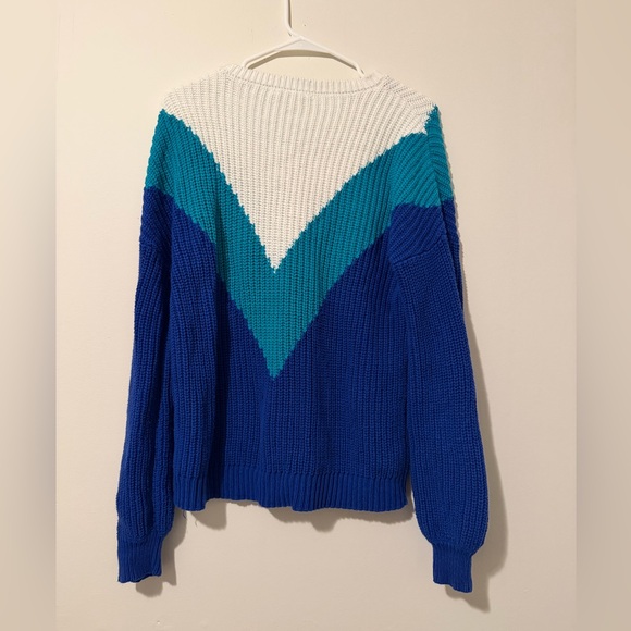 Time and Tru Colorblock Chunky Knit Sweater • Blue Teal White Chevron - Picture 2 of 3